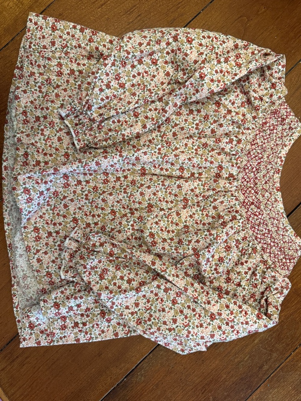 Floral Smocked Yoke Blouse- Red & Cream